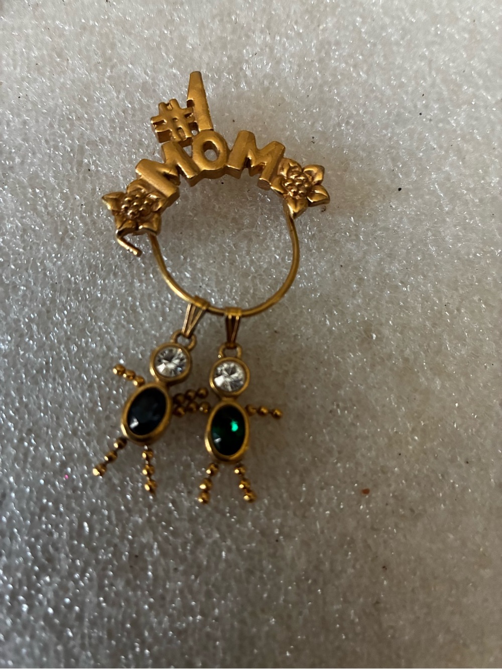 Gold-Tone "#1 Mom" Dangle Drop pendent  with Green and Black Gem Accents
